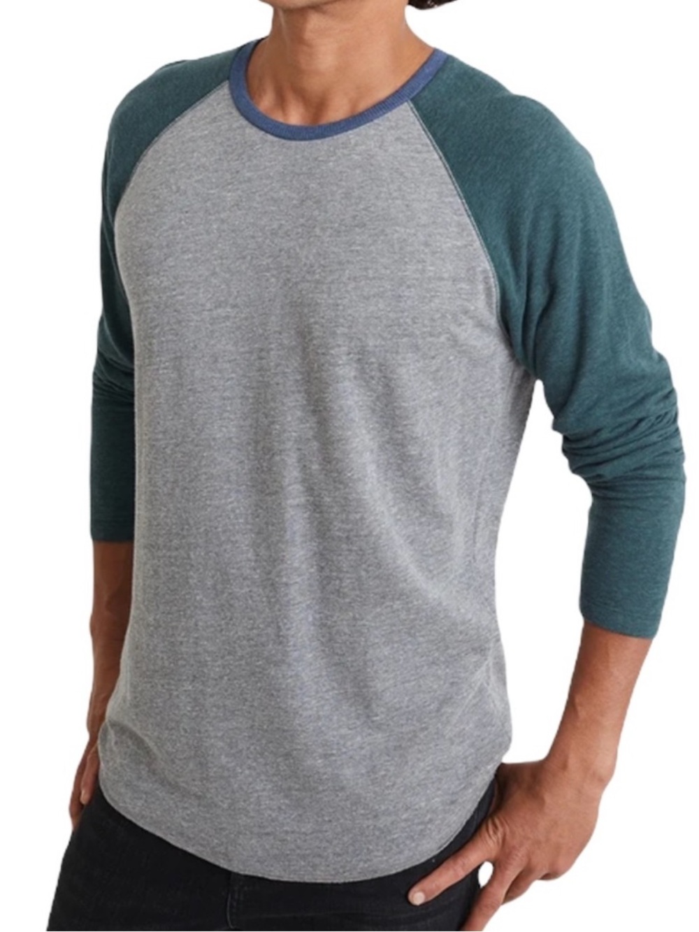 Marine Layer Double-Knit Baseball Raglan Long Sleeve Tee Heather Gray Green-S